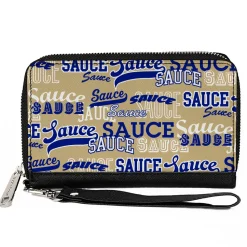 PU Zip Around Wallet Rectangle - SAUCE Typography Collage Tan/White/Blue