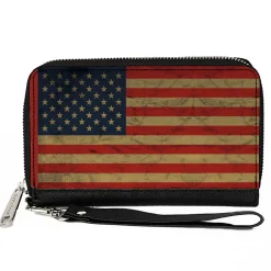 PU Zip Around Wallet Rectangle - American Flag Weathered Single