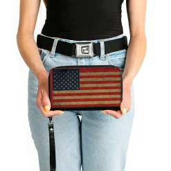 PU Zip Around Wallet Rectangle - American Flag Weathered Single