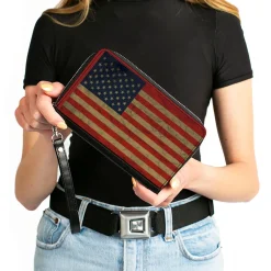 PU Zip Around Wallet Rectangle - American Flag Weathered Single