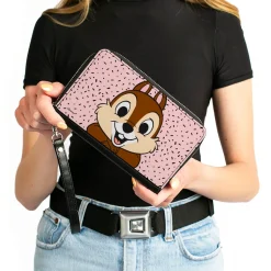 PU Zip Around Wallet Rectangle - Disney Chip n' Dale Chip Smiling Pose Sprinkle Pink Black