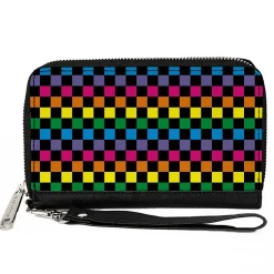 PU Zip Around Wallet Rectangle - Checker Black/Neon Rainbow