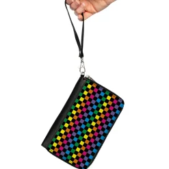 PU Zip Around Wallet Rectangle - Checker Black/Neon Rainbow