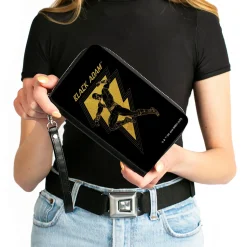 PU Zip Around Wallet Rectangle - BLACK ADAM Lightning Bolt and Action Pose Black Yellows