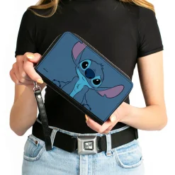 PU Zip Around Wallet Rectangle - Lilo & Stitch Stitch Sweet Smiling Pose CLOSE-UP Blues