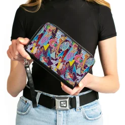 PU Zip Around Wallet Rectangle - Nick 90's Show Logos and Characters Collage Purple/Multi Color