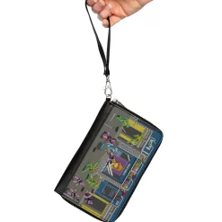 PU Zip Around Wallet Rectangle - Teenage Mutant Ninja Turtles Battle Purple Foot Soldier Ninja Arcade Scene Grays
