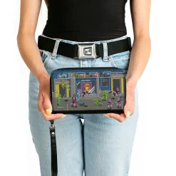 PU Zip Around Wallet Rectangle - Teenage Mutant Ninja Turtles Battle Purple Foot Soldier Ninja Arcade Scene Grays