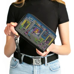 PU Zip Around Wallet Rectangle - Teenage Mutant Ninja Turtles Battle Purple Foot Soldier Ninja Arcade Scene Grays