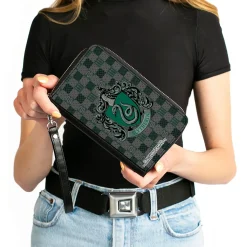 PU Zip Around Wallet Rectangle - Harry Potter SLYTHERIN Crest/Heraldry Checkers Gray/Greens