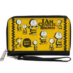 PU Zip Around Wallet Rectangle - Peanuts I AM CHARLIE BROWN Poses and Zig Zag Stripe Yellows/Black