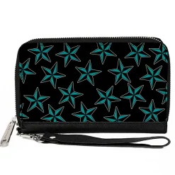 PU Zip Around Wallet Rectangle - Nautical Stars Scattered Black/Turquoise