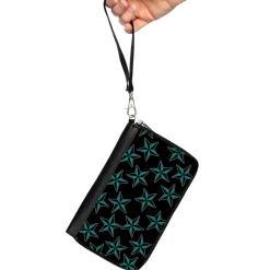 PU Zip Around Wallet Rectangle - Nautical Stars Scattered Black/Turquoise