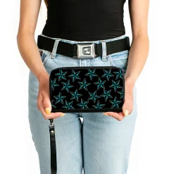 PU Zip Around Wallet Rectangle - Nautical Stars Scattered Black/Turquoise