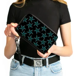 PU Zip Around Wallet Rectangle - Nautical Stars Scattered Black/Turquoise