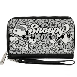 PU Zip Around Wallet Rectangle - Snoopy Poses and Daisy Flowers Collage Black/Grays/White
