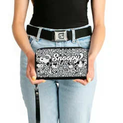 PU Zip Around Wallet Rectangle - Snoopy Poses and Daisy Flowers Collage Black/Grays/White