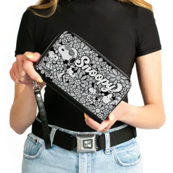 PU Zip Around Wallet Rectangle - Snoopy Poses and Daisy Flowers Collage Black/Grays/White