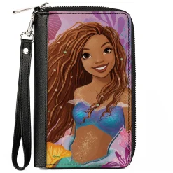 PU Zip Around Wallet Rectangle - The Little Mermaid Ariel Smiling Pose and Shells Pinks