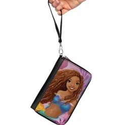 PU Zip Around Wallet Rectangle - The Little Mermaid Ariel Smiling Pose and Shells Pinks