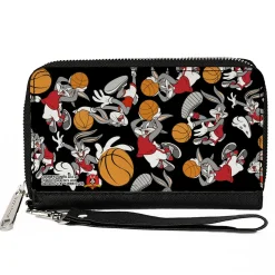 PU Zip Around Wallet Rectangle - Bugs Bunny Basketball Poses Scattered Black