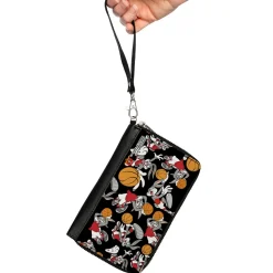 PU Zip Around Wallet Rectangle - Bugs Bunny Basketball Poses Scattered Black