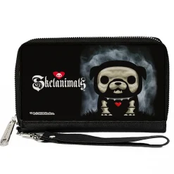 PU Zip Around Wallet Rectangle - SKELANIMALS Maxx the Bulldog Fog Pose and Title Logo Black/White