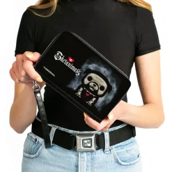 PU Zip Around Wallet Rectangle - SKELANIMALS Maxx the Bulldog Fog Pose and Title Logo Black/White