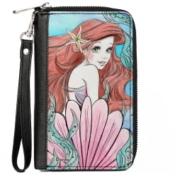 PU Zip Around Wallet Rectangle - The Little Mermaid Ariel Over Shoulder Sketch Pose Blues/Pinks