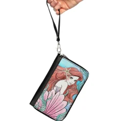 PU Zip Around Wallet Rectangle - The Little Mermaid Ariel Over Shoulder Sketch Pose Blues/Pinks