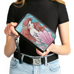 PU Zip Around Wallet Rectangle - The Little Mermaid Ariel Over Shoulder Sketch Pose Blues/Pinks
