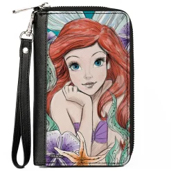 PU Zip Around Wallet Rectangle - The Little Mermaid Ariel Sketch3 Pose + King Triton's Castle/Shells/Kelp Blues/Purples