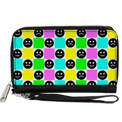 PU Zip Around Wallet Rectangle - Smiley Sad Face Checker Multi Color/White