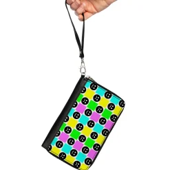 PU Zip Around Wallet Rectangle - Smiley Sad Face Checker Multi Color/White