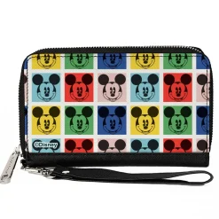PU Zip Around Wallet Rectangle - Mickey Mouse Smiling Blocks White/Multi Color