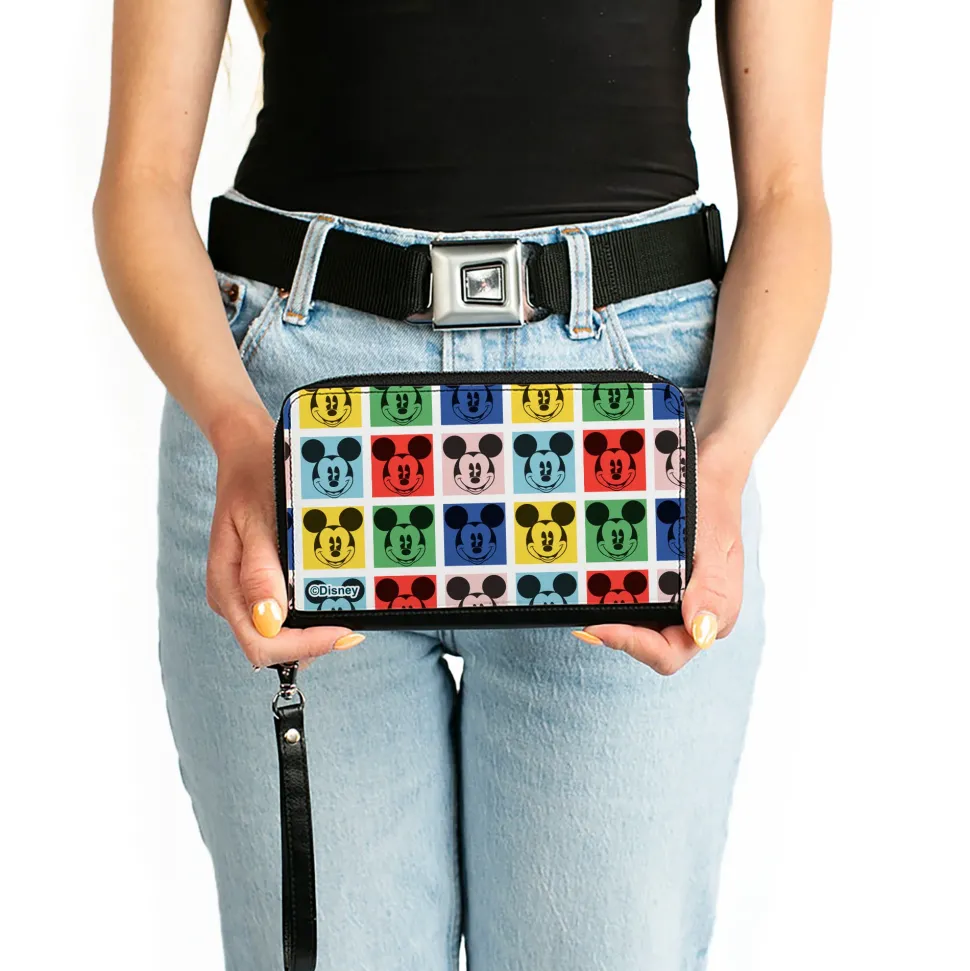 PU Zip Around Wallet Rectangle - Mickey Mouse Smiling Blocks White/Multi Color