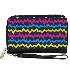 PU Zip Around Wallet Rectangle - Scribble Zig Zag Stripe Navy/Multi Color