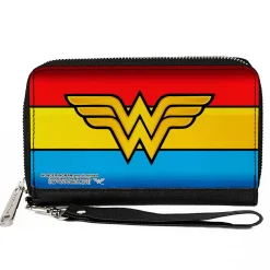 PU Zip Around Wallet Rectangle - Wonder Woman Logo/Stripe Red/Yellows/Blue