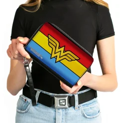PU Zip Around Wallet Rectangle - Wonder Woman Logo/Stripe Red/Yellows/Blue