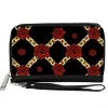 PU Zip Around Wallet Rectangle - Red Roses and Gold Chain Black