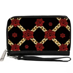 PU Zip Around Wallet Rectangle - Red Roses and Gold Chain Black