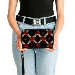 PU Zip Around Wallet Rectangle - Red Roses and Gold Chain Black