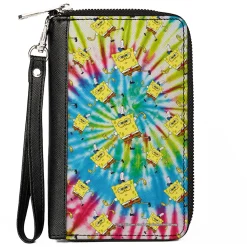 PU Zip Around Wallet Rectangle - SpongeBob Dancing Pose Scattered Tie Dye Multi Color