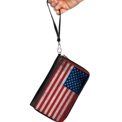 PU Zip Around Wallet Rectangle - American Flag Distressed Single