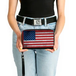 PU Zip Around Wallet Rectangle - American Flag Distressed Single