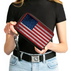 PU Zip Around Wallet Rectangle - American Flag Distressed Single