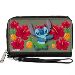 PU Zip Around Wallet Rectangle - Lilo & Stitch Stitch Hula Pose and Hibiscus Flowers Pineapples Gray