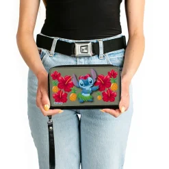 PU Zip Around Wallet Rectangle - Lilo & Stitch Stitch Hula Pose and Hibiscus Flowers Pineapples Gray