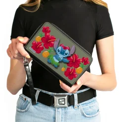 PU Zip Around Wallet Rectangle - Lilo & Stitch Stitch Hula Pose and Hibiscus Flowers Pineapples Gray