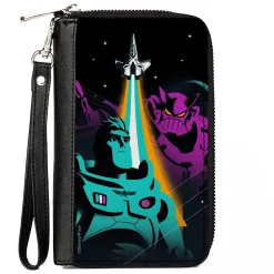 PU Zip Around Wallet Rectangle - Lightyear Buzz and Zurg Spaceship Pose Black Teal Purple